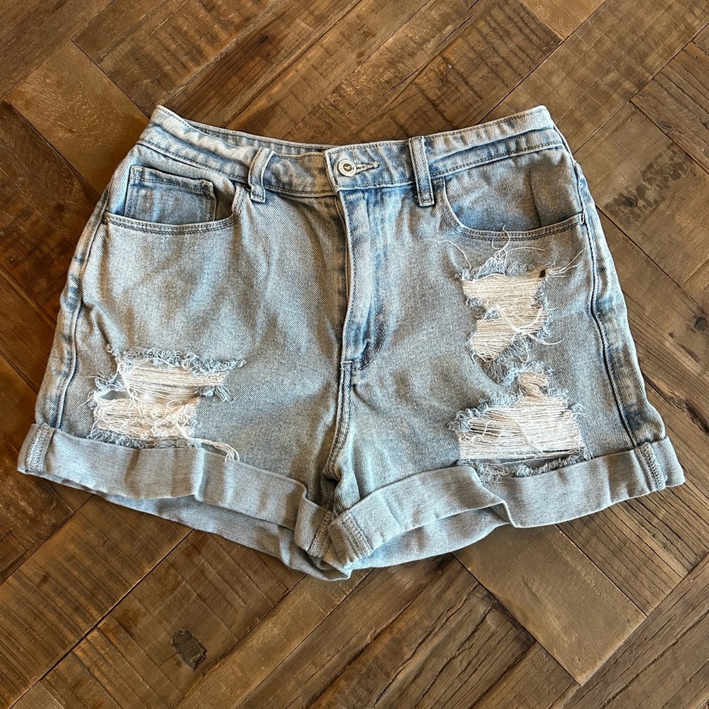 Hollister Light Blue Distressed Roll-Hem Denim Shorts